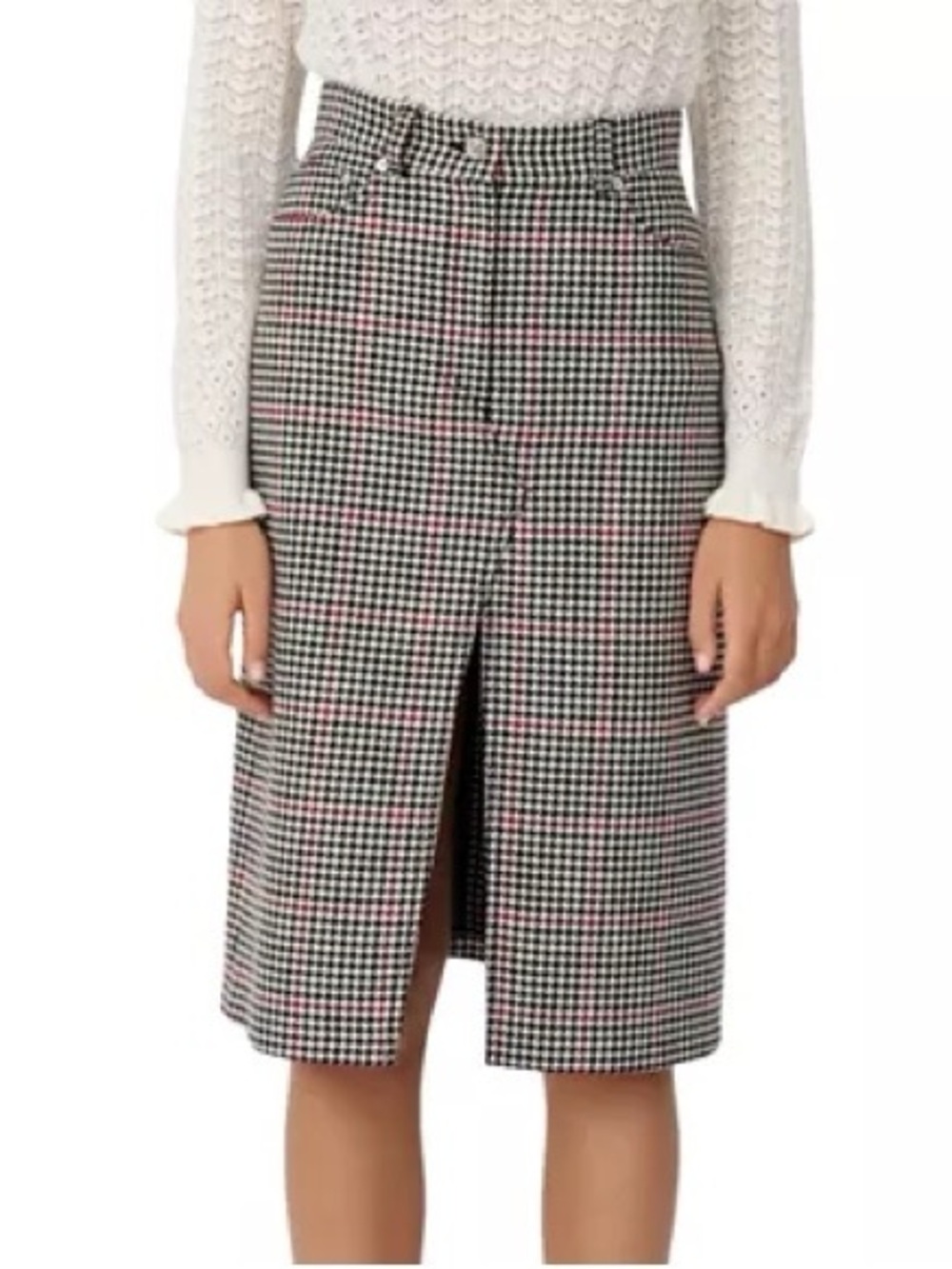 Maje Black and White Houndstooth Midi Skirt